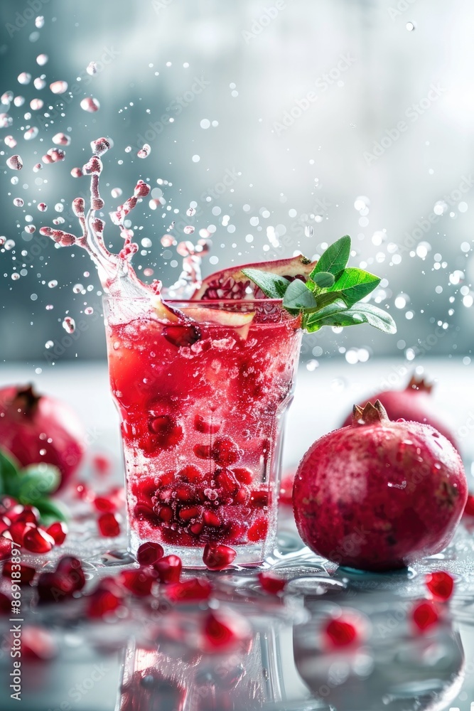 Refreshing Pomegranate Cocktail Splash on Shiny Surface Refreshing Pomegranate Cocktail Splash on Shiny Surface