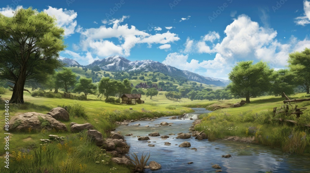 A beautiful landscape with a river running through the middle. There are green trees and mountains in the background.