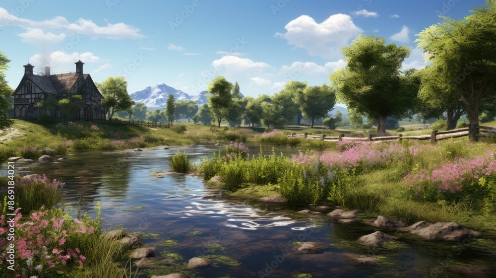 A beautiful landscape with a river in the foreground, a house in the middle, and mountains in the background. A beautiful landscape with a river in the foreground, a house in the middle, and mountains in the background.
