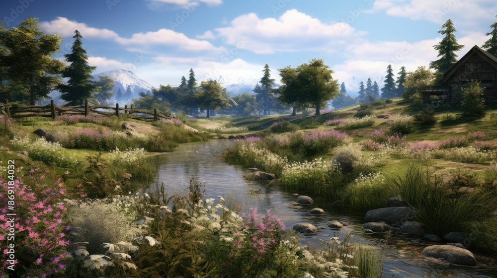 A beautiful landscape with a river running through it. There are trees and flowers on the banks of the river, and mountains in the background. A beautiful landscape with a river running through it. There are trees and flowers on the banks of the river, and mountains in the background.