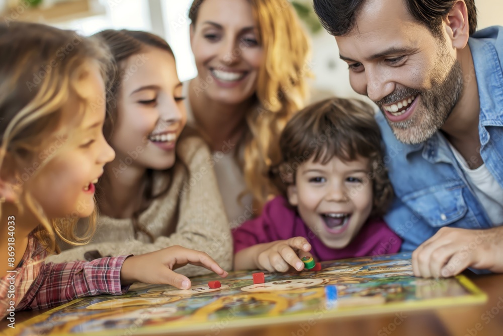 A happy family laughs while playing a board game in the living room A happy family laughs while playing a board game in the living room