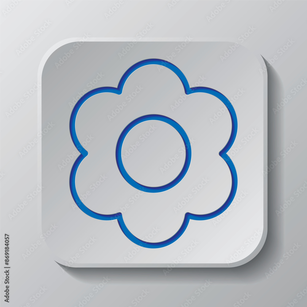 Flower simple icon vector. Flat design. Paper cut design. Cutted blue symbol with shadow. Gray badge button, gray background Flower simple icon vector. Flat design. Paper cut design. Cutted blue symbol with shadow. Gray badge button, gray background