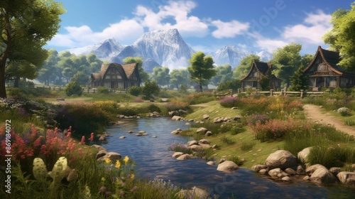 A beautiful landscape with a river running through the middle. There are small houses on both sides of the river and mountains in the background.