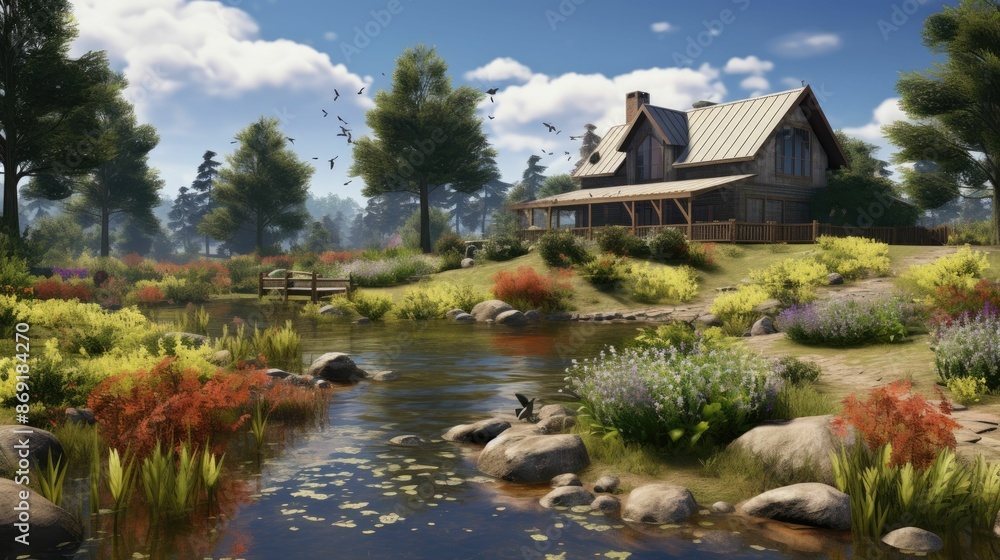 Obraz premium A beautiful landscape image of a house in the woods. The house is surrounded by trees and flowers, and there is a river in front of it.