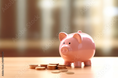 Pink piggy bank and stack of coins on a table, in a bright room, minimalism. Generative AI tools