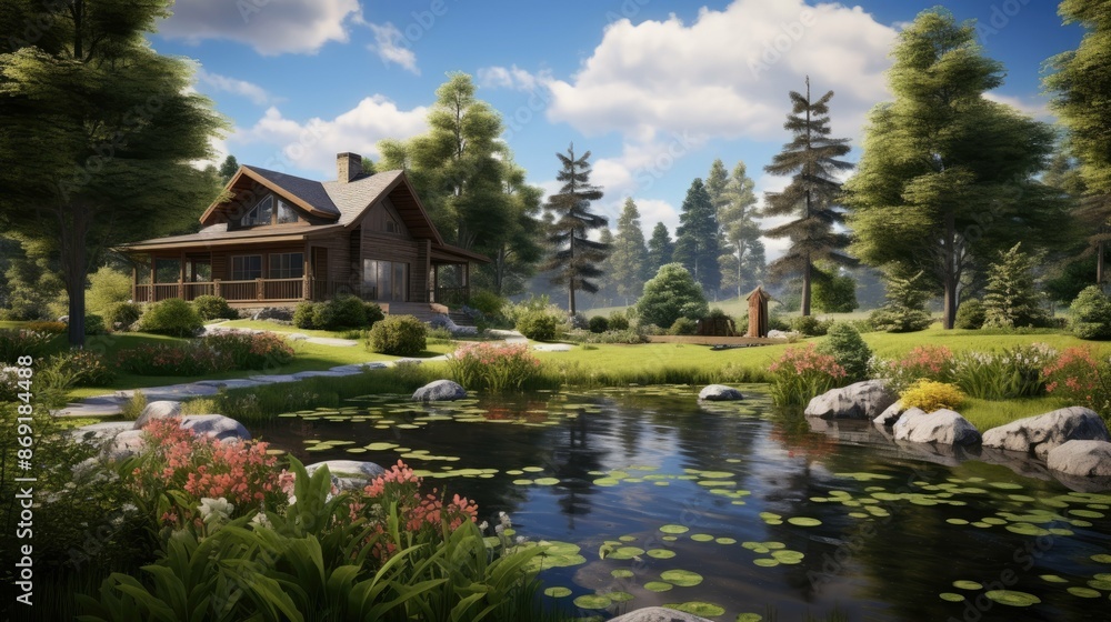 The image shows a beautiful landscape with a cabin near the lake. The cabin is made of wood and has a large porch. The image shows a beautiful landscape with a cabin near the lake. The cabin is made of wood and has a large porch.