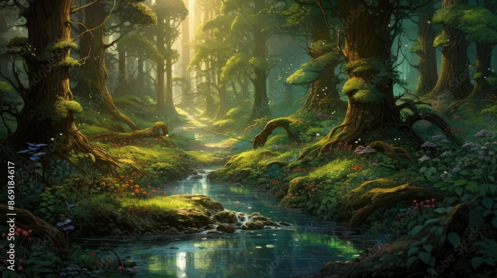 A beautiful and enchanting forest with a crystal-clear river running through it. The trees are tall and majestic, and the leaves are a lush green. A beautiful and enchanting forest with a crystal-clear river running through it. The trees are tall and majestic, and the leaves are a lush green.
