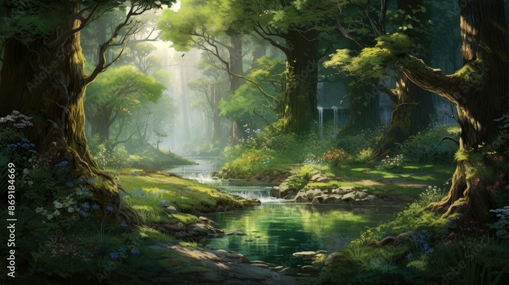 The sun shines through the tall trees of the forest. A small river flows through the middle of the forest. The sun shines through the tall trees of the forest. A small river flows through the middle of the forest.