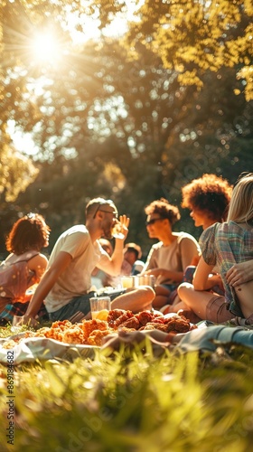 Group of Friends Enjoying a Picnic with a Bucket of Fried Chicken Celebrating National Fried Chicken Day in a Relaxed Outdoor Setting, Emphasizing Friendship and Food Enjoyment.