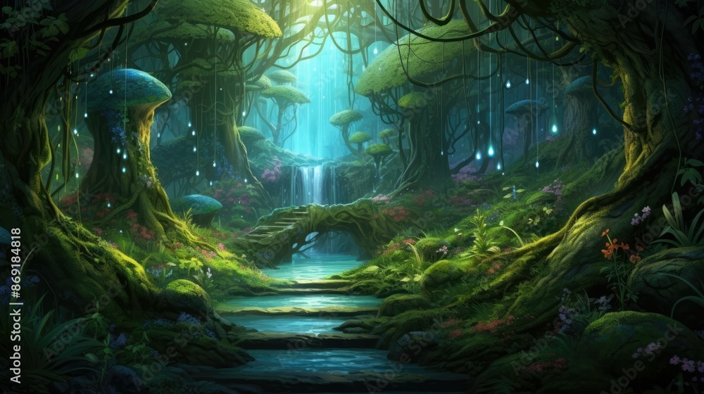 lush green foliage and a crystal clear river run through a magical forest, creating a peaceful and serene atmosphere. lush green foliage and a crystal clear river run through a magical forest, creating a peaceful and serene atmosphere.