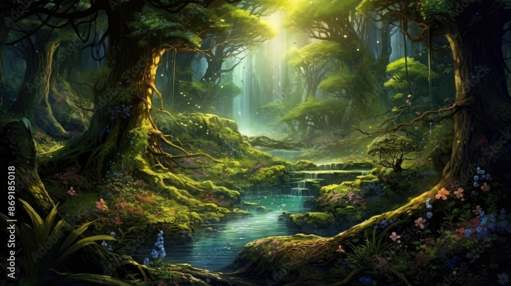 The sun shines through the tall trees of the magical forest. The sun shines through the tall trees of the magical forest.