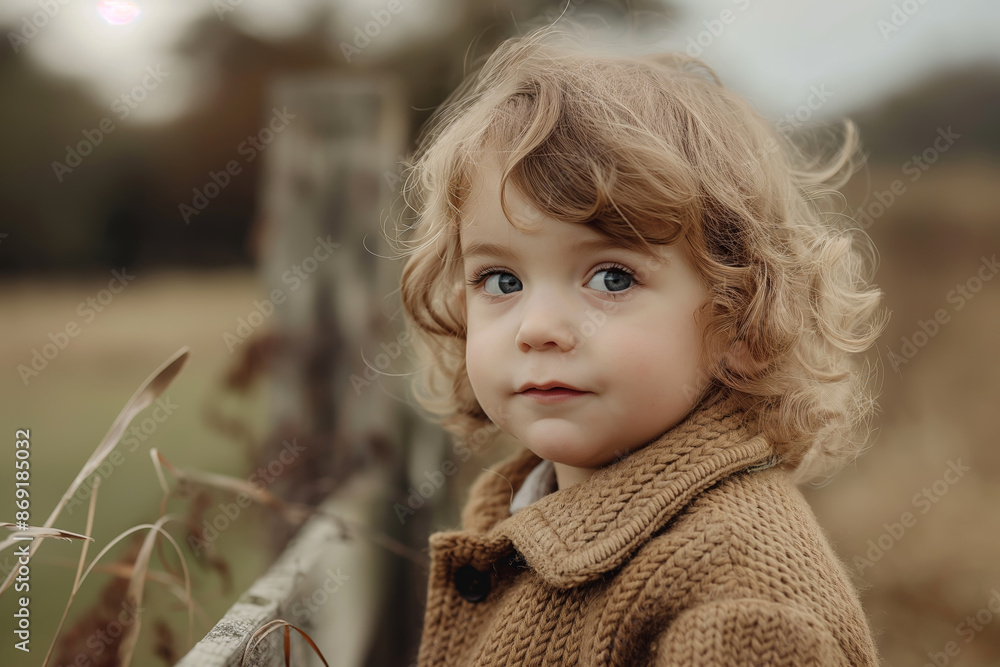 Adorable CurlyHaired Toddler in Brown Sweater Outdoors on Autumn Day Adorable CurlyHaired Toddler in Brown Sweater Outdoors on Autumn Day