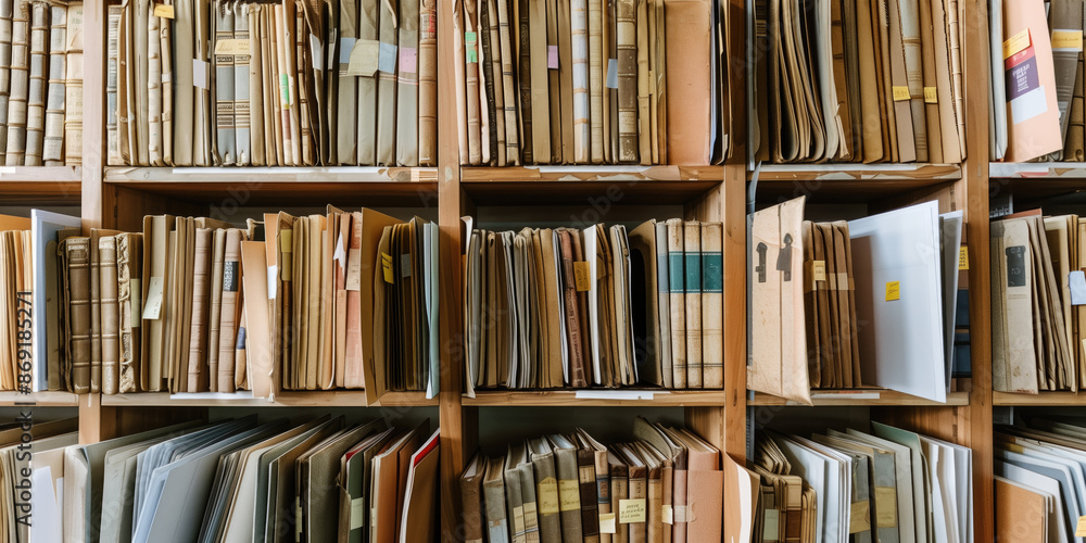 Shelves filled with books, files, and manuscripts arranged systematically for study and reference. Archival organization, education. Library archives, research documents, and historical records Shelves filled with books, files, and manuscripts arranged systematically for study and reference. Archival organization, education. Library archives, research documents, and historical records