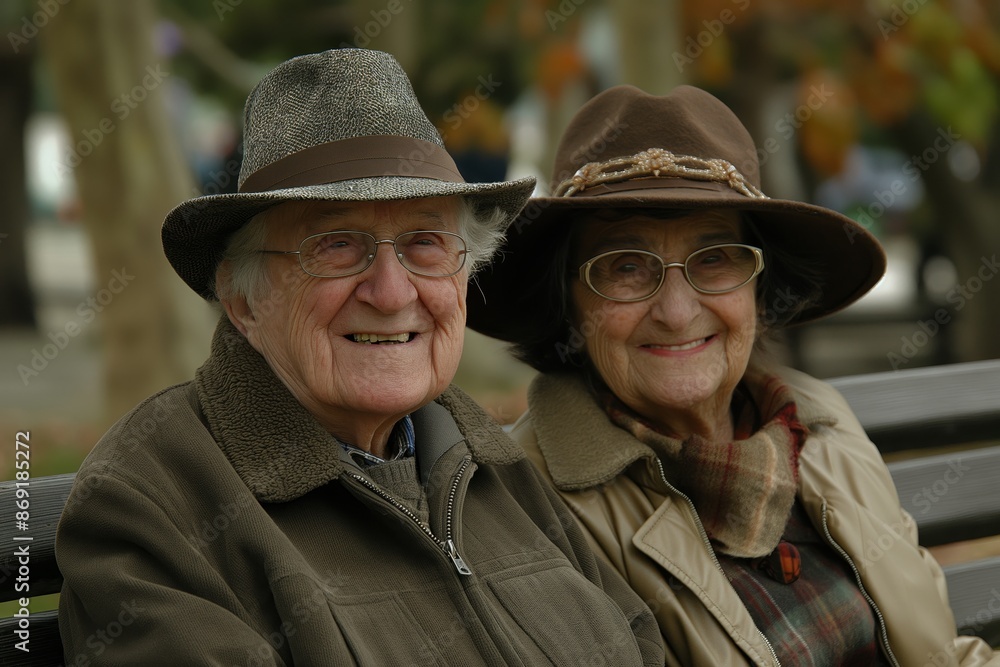An elderly couple with smiles on their faces, sitting on a park bench An elderly couple with smiles on their faces, sitting on a park bench