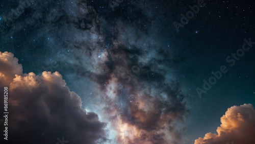 A beautiful night sky with stars and the Milky Way illuminating dramatic clouds. © PixelHarmony