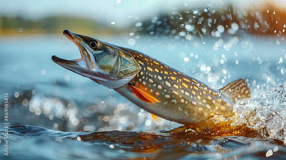 A vibrant image of a pike leaping out of the water, captured mid-air as it creates splashes, showcasing a dynamic and thrilling moment in a natural setting. A vibrant image of a pike leaping out of the water, captured mid-air as it creates splashes, showcasing a dynamic and thrilling moment in a natural setting.