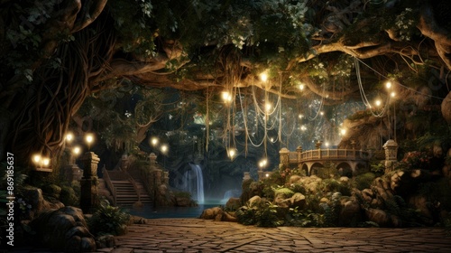 Mystical forest with a hidden temple. The temple is surrounded by lush vegetation and a beautiful waterfall. The atmosphere is magical and mysterious. © BozStock