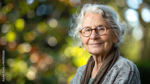 A woman with gray hair and glasses smiles gently, with a blurred background of greenery.