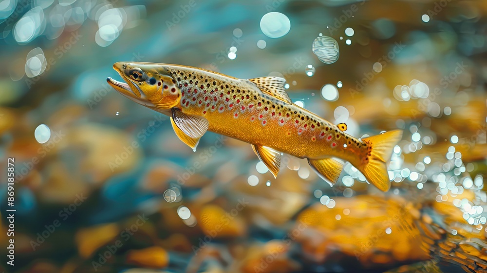 An engaging image of a trout jumping out of the water, creating a vibrant and dynamic scene in a calm, natural water body, highlighting the liveliness of aquatic wildlife. An engaging image of a trout jumping out of the water, creating a vibrant and dynamic scene in a calm, natural water body, highlighting the liveliness of aquatic wildlife.