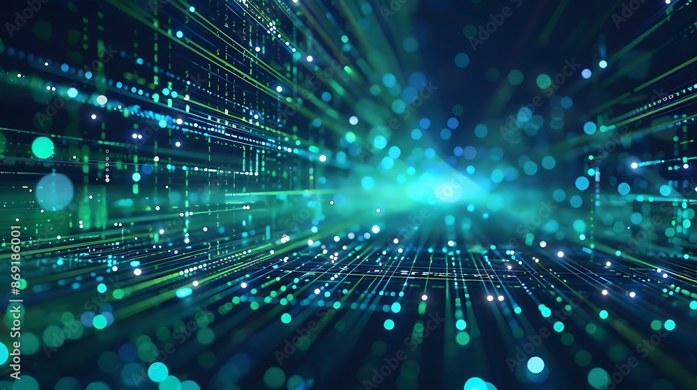 Abstract Digital Network: Green and Blue Lights on Black Background Abstract Digital Network: Green and Blue Lights on Black Background