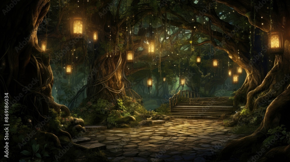 Obraz premium The image is a beautiful depiction of a magical forest. The trees are tall and majestic, and the leaves are a lush green.