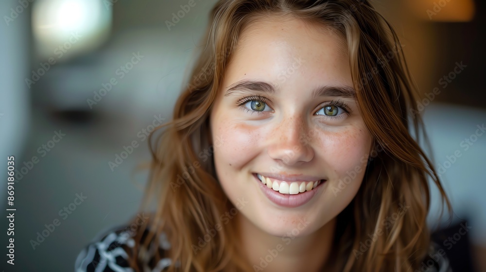 A young woman with brown hair and green eyes smiles at the camera. A young woman with brown hair and green eyes smiles at the camera.