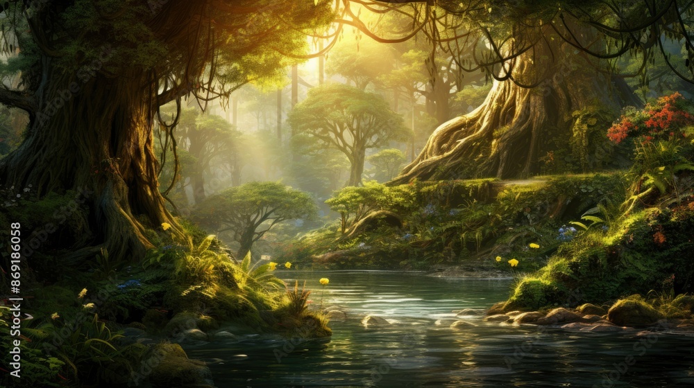 The sun shines through the tall trees of the lush green forest. The sun shines through the tall trees of the lush green forest.