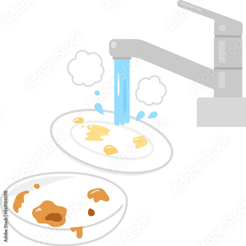 温水をかけている使用後の食器