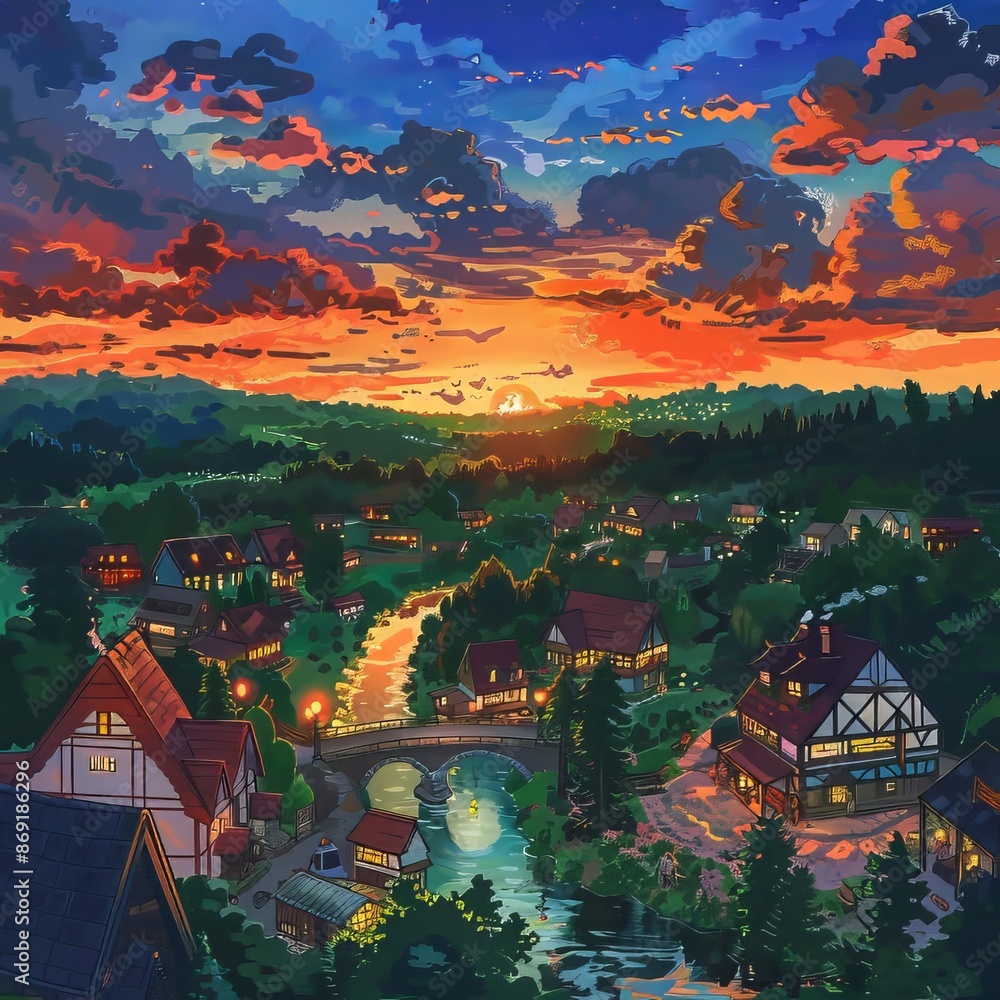 painting of town at sunset painting of town at sunset