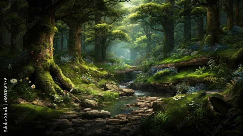 The sun shines through the tall trees of the magical forest. The sun shines through the tall trees of the magical forest.