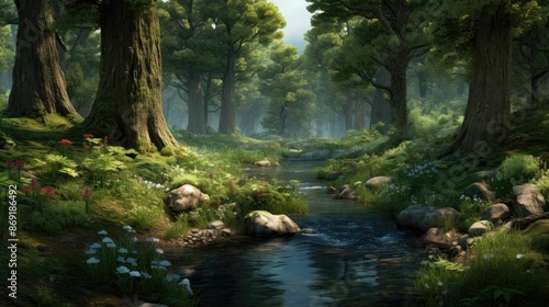 The lush green forest is full of tall trees and a babbling brook. The sunlight shines through the trees, creating a magical atmosphere.