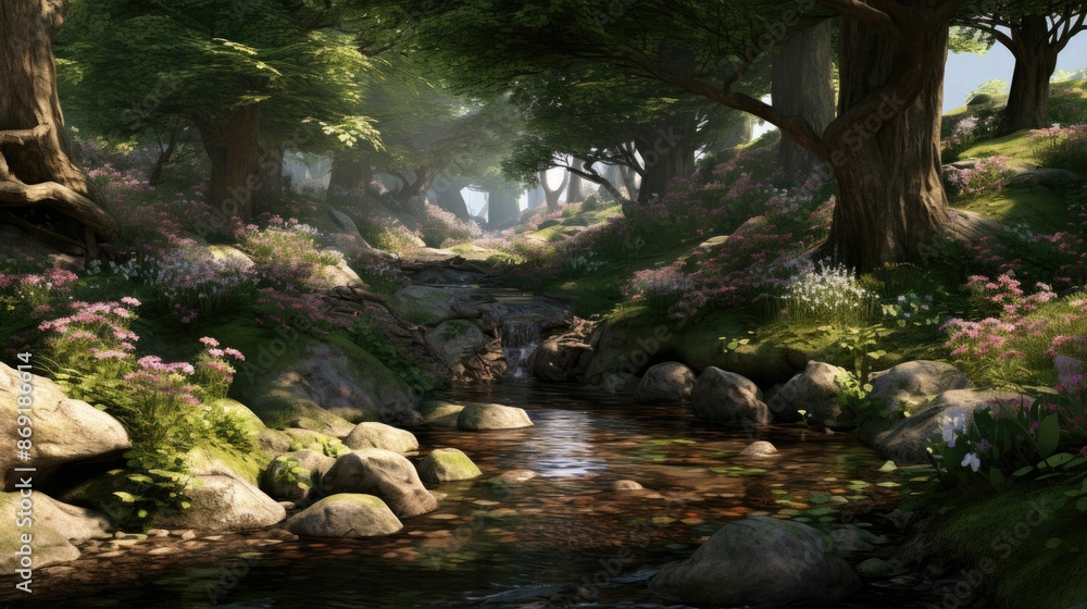 A beautiful landscape with a river flowing through a forest. The trees are tall and green, and the flowers are blooming in the sunlight. A beautiful landscape with a river flowing through a forest. The trees are tall and green, and the flowers are blooming in the sunlight.