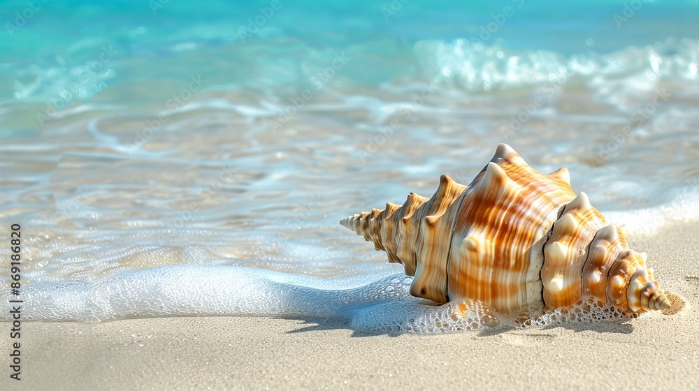 Large seashell rests on sandy beach with turquoise waves. This image evokes a sense of peace and natural beauty. It can be used for travel inspiration. High-quality and serene seaside scenery. AI Large seashell rests on sandy beach with turquoise waves. This image evokes a sense of peace and natural beauty. It can be used for travel inspiration. High-quality and serene seaside scenery. AI