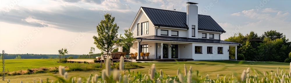 Charming Modern Farmhouse in Picturesque Rural Countryside Landscape Charming Modern Farmhouse in Picturesque Rural Countryside Landscape