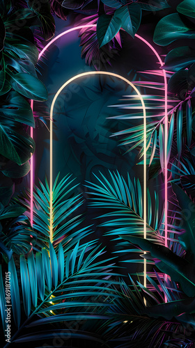 Jungle creative neon light, cyber frame on fresh palm leaves with copy space. Urban, futuristic background concept. Flat lay. Illustration,  © john