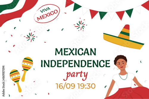 Poster for a Mexican independence party with sombrero and maracas