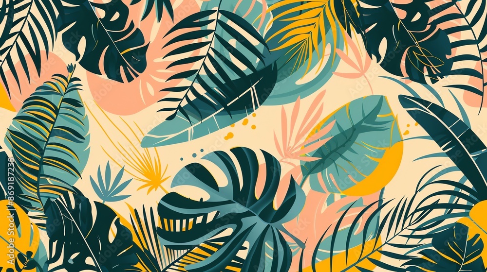 A tropical leaf pattern with a yellow background. A tropical leaf pattern with a yellow background.