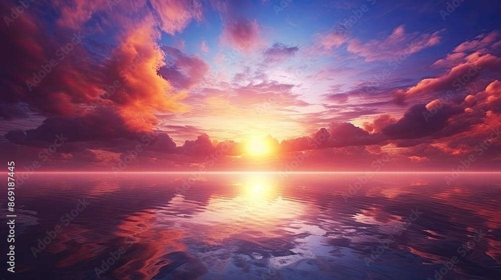 Fototapeta premium A beautiful sunset over a calm sea. The sky is ablaze with color, and the water reflects the vibrant hues.