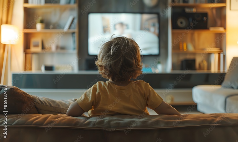 A child sitting in the living room watching TV, Generative AI A child sitting in the living room watching TV, Generative AI