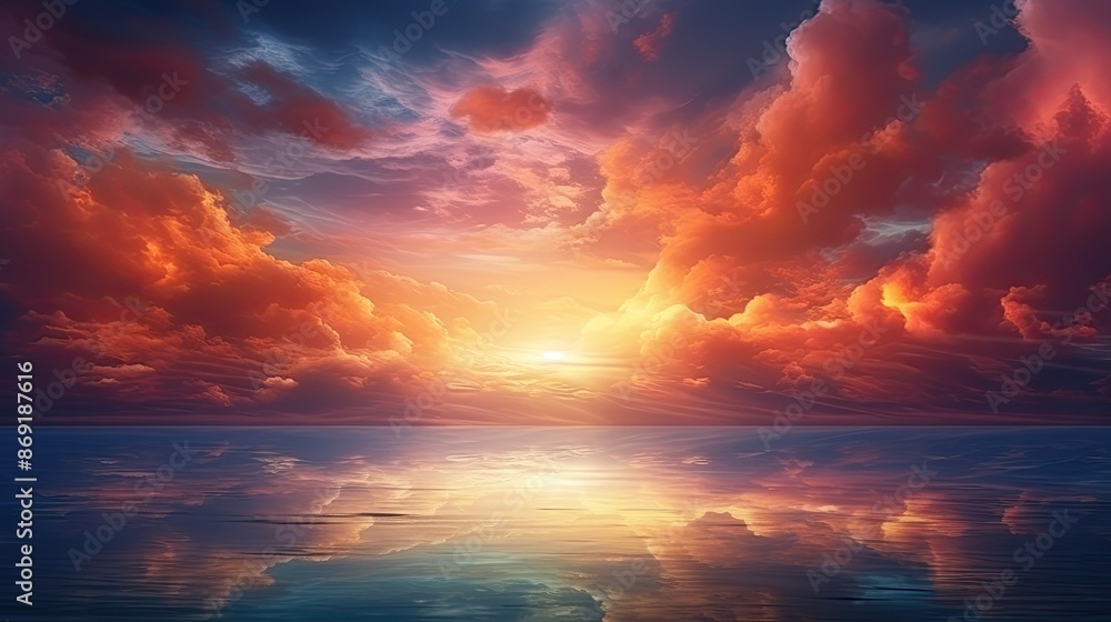 A beautiful sunset over a calm sea. The sky is ablaze with color, and the water reflects the vibrant hues. A beautiful sunset over a calm sea. The sky is ablaze with color, and the water reflects the vibrant hues.