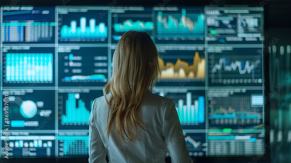 Woman Analyzing Data on a Wall of Monitors Woman Analyzing Data on a Wall of Monitors