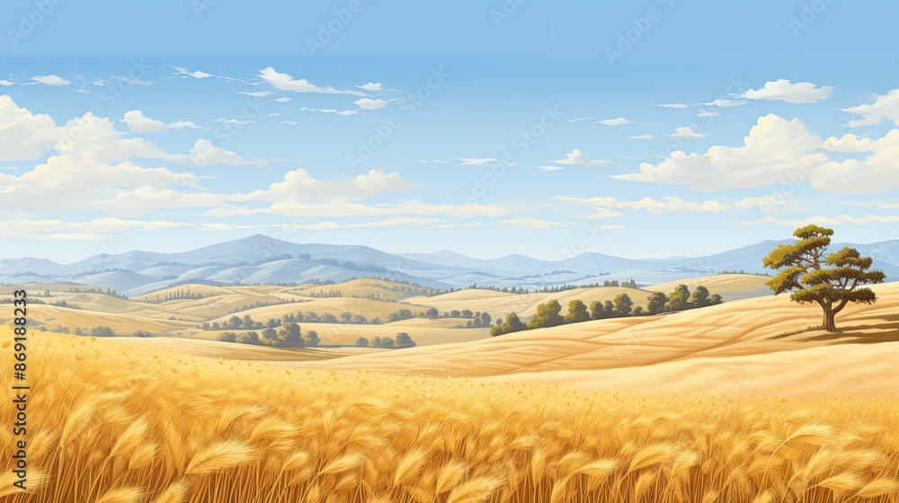 Fototapeta premium A beautiful landscape of a wheat field with a tree and mountains in the distance. The sky is blue and there are some clouds.