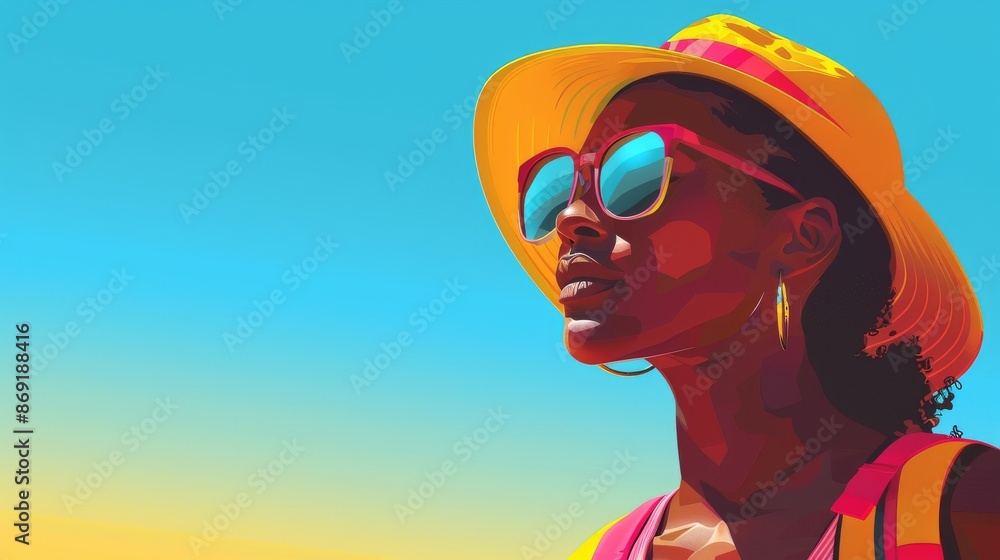 Colorful illustration of a young African woman wearing a yellow hat and sunglasses, looking up at the bright sky, on gradient background, with copy space Colorful illustration of a young African woman wearing a yellow hat and sunglasses, looking up at the bright sky, on gradient background, with copy space