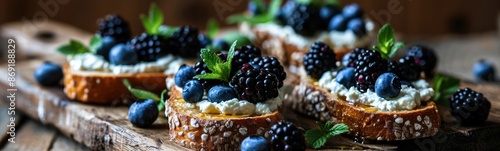 Blue Cheese on Bread, Gorgonzola with Berries and Honey, Bruschetta with Ricotta, Blueberries photo