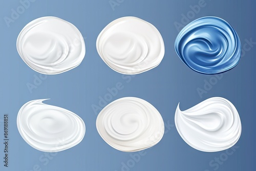 Realistic White Body Cream Elements, Lotion Swirl and Line Isolated on Blue Background