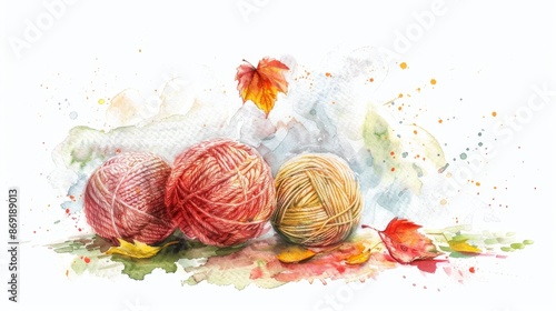 Three balls of yarn in warm shades of red, orange, and yellow on a background of abstract watercolor painting with colorful spots and leaves, complemented by autumn leaves