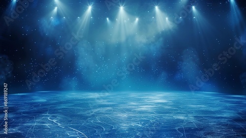 dark blue background ice rink illuminated by spotlights. Generative ai © FDStock