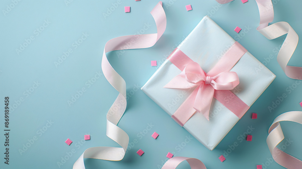 Gift Box with Pink Ribbon and Confetti on Blue Background. Gift Box with Pink Ribbon and Confetti on Blue Background.