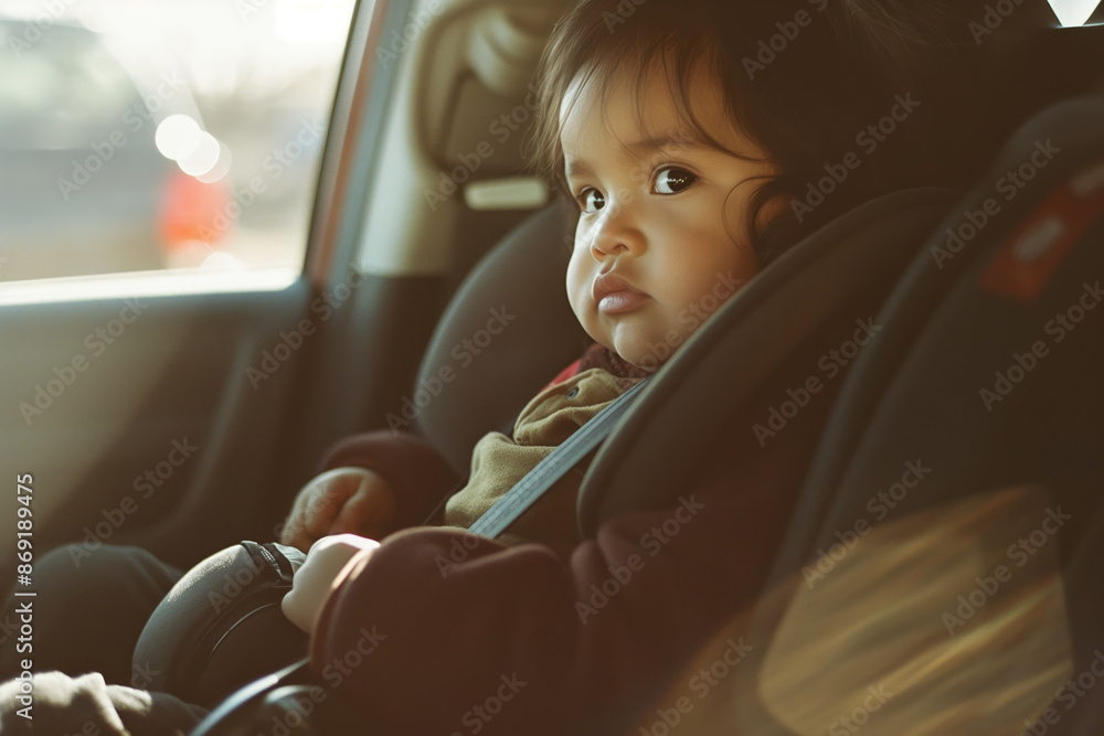 Adorable Toddler in Car Seat Looking Out Window with Sunlight Adorable Toddler in Car Seat Looking Out Window with Sunlight