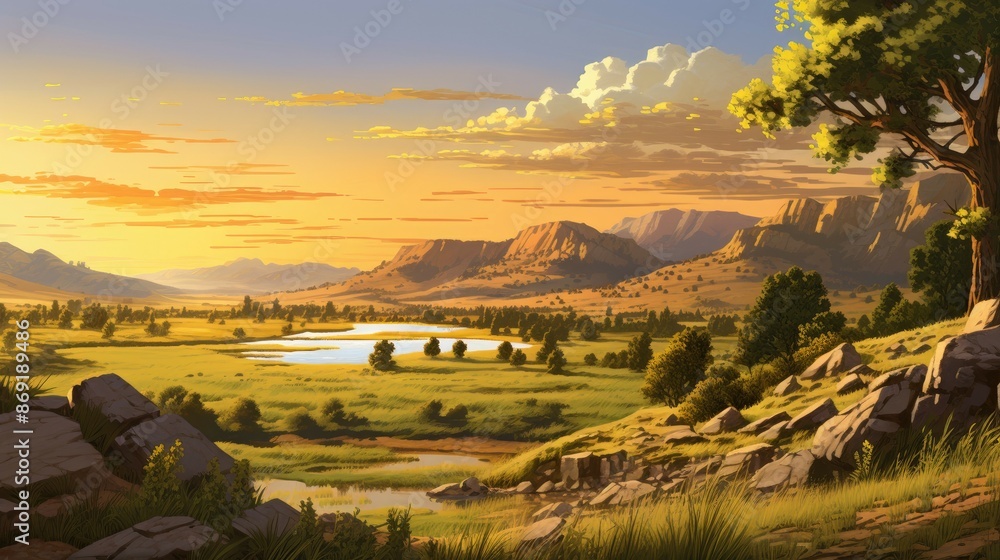 Obraz premium The image is of a beautiful landscape with a large, tranquil lake in the foreground, surrounded by lush green hills and a majestic mountain range in t